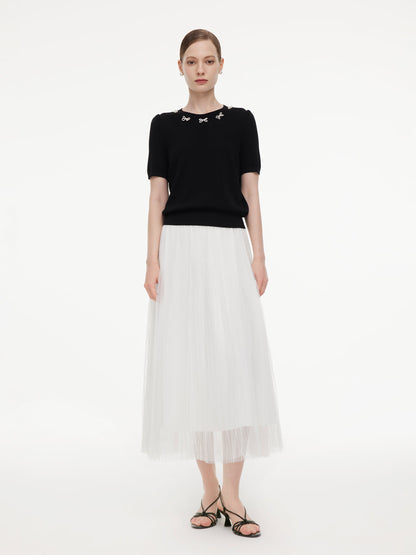 Lyocell Blend Beaded Bowknot Women Knit Top