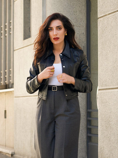 PU Leather Lapel Double-Breasted Women Jacket