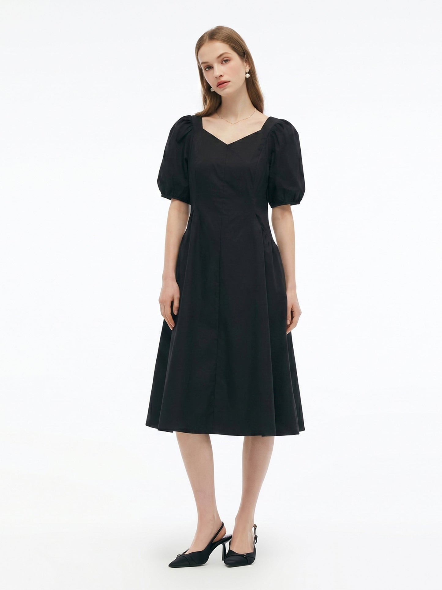 Cotton Blend Square Neck Women Puff Sleeve Midi Dress