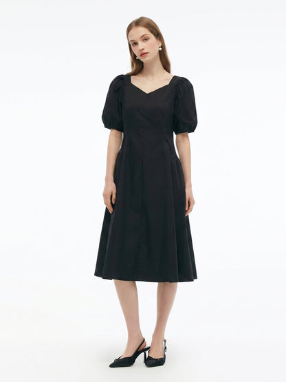 Cotton Blend Square Neck Women Puff Sleeve Midi Dress