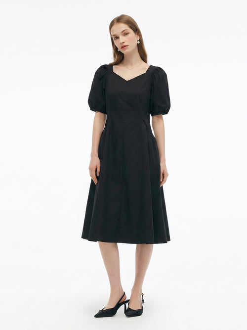 Cotton Blend Square Neck Women Puff Sleeve Midi Dress