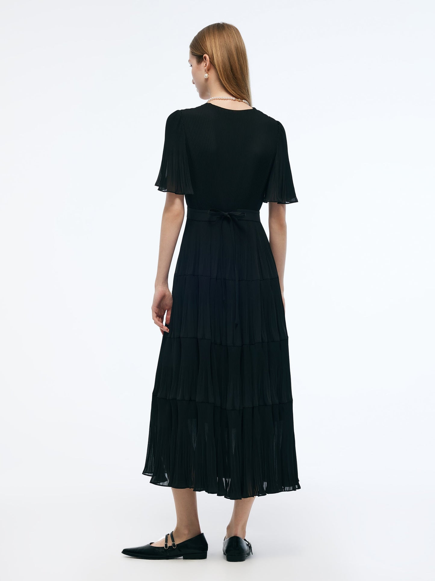 Pleated V-Neck Women A-Line Tie Belt Maxi Dress