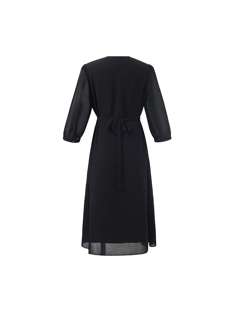 V-Neck Pleated Lace Up Wrap Midi Dress