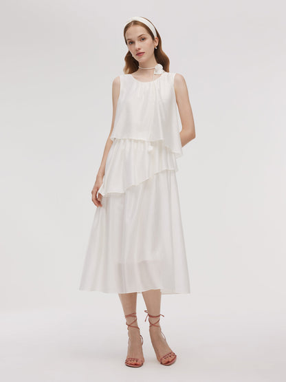 Tencel Blend Ruffle Women Tiered Sleeveless Midi Dress