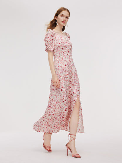 Floral Print Side Slit Women Ruched Sleeve Maxi Dress