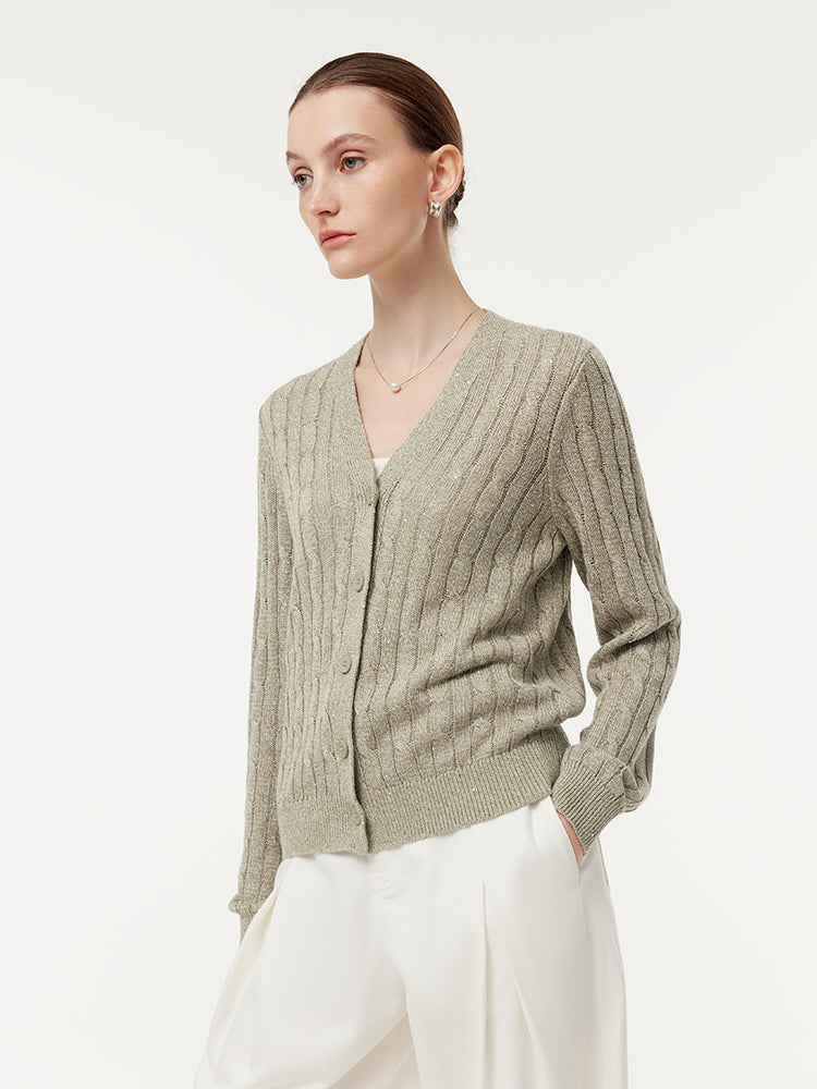 Linen Sequins Openwork Women Knit Cardigan