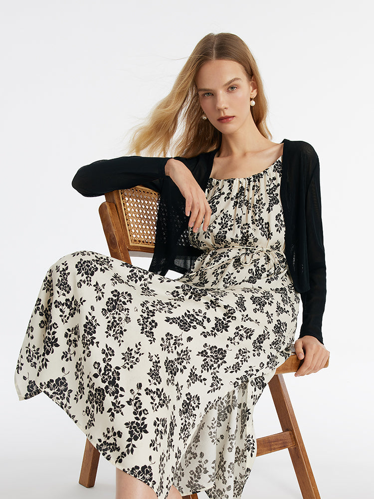 Camellia Print Spaghetti Strap Dress And Knitted Cardigan Two-Piece Set