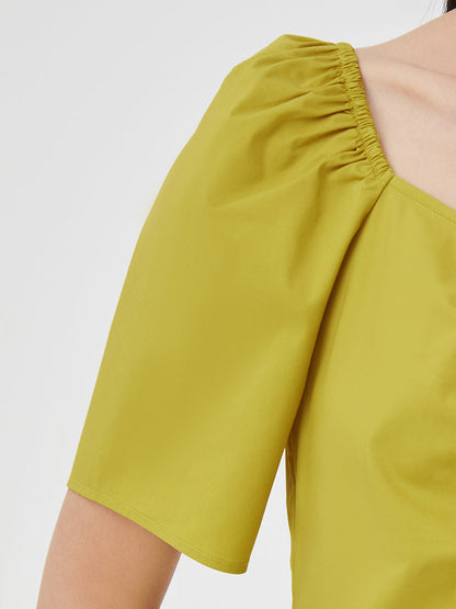 Puff Sleeve Gathered Pleated Midi Dress