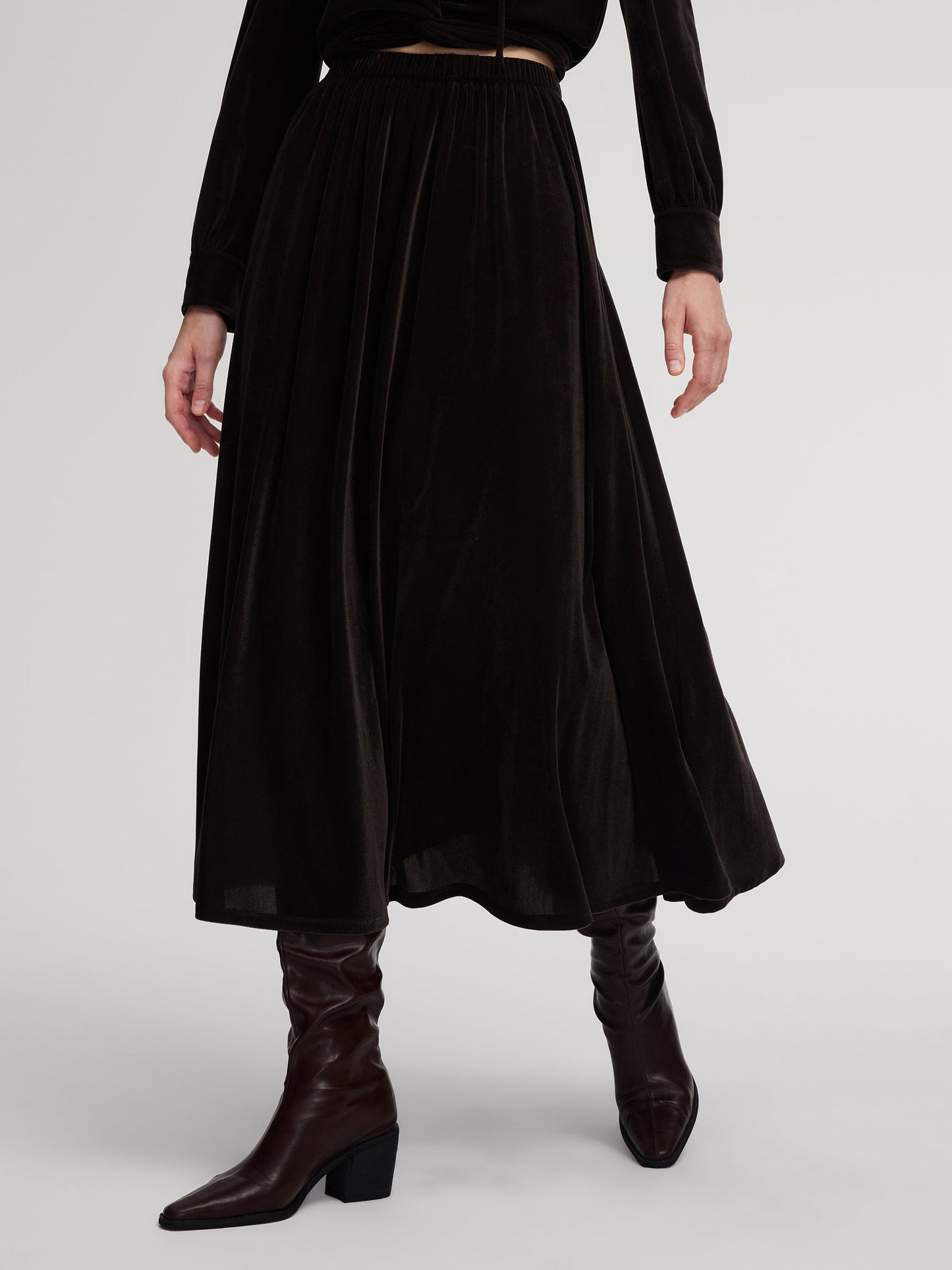 Velvet Twist Front Knit Top And Skirt Two-Piece Set With Floral Ribbon
