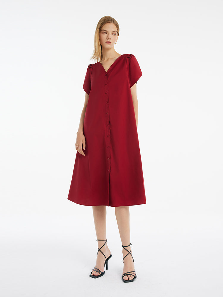 Petal Sleeves Gathered Waist V-Neck Women Midi Dress With Belt