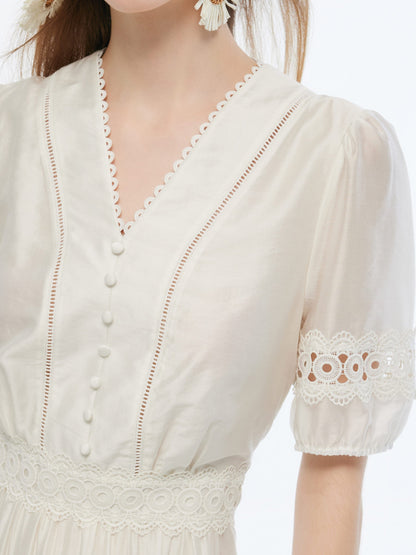 Tencel Blend Patchwork Lace Women Maxi Dress