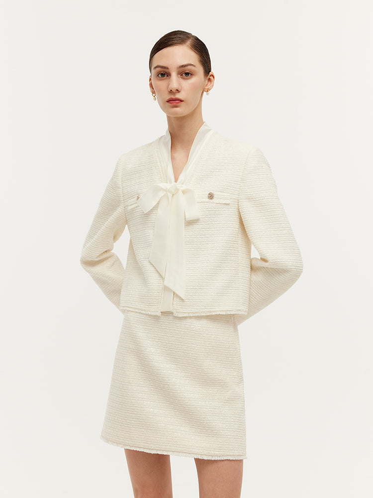 Tweed Bow Tie Neck Jacket And Mini Skirt Two-Piece Set
