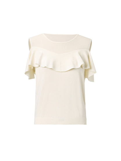 Tencel Blend Ruffle Cold Shoulder Women Knit Top