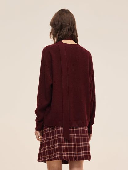 Wool Blend Women V-Neck Knit Top With Ribbon