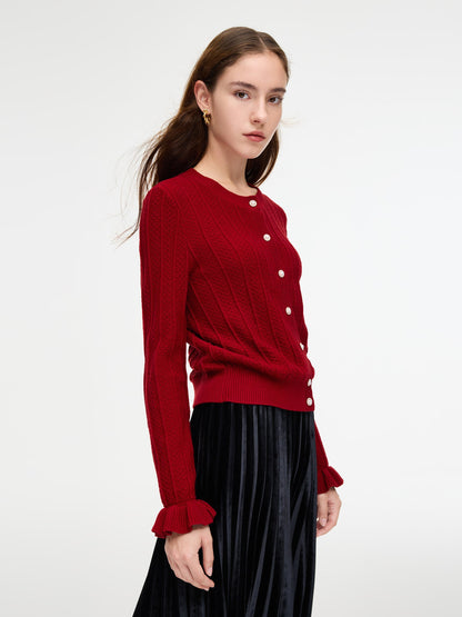Tencel Wool Blend Ruffle Cuff Women Cardigan