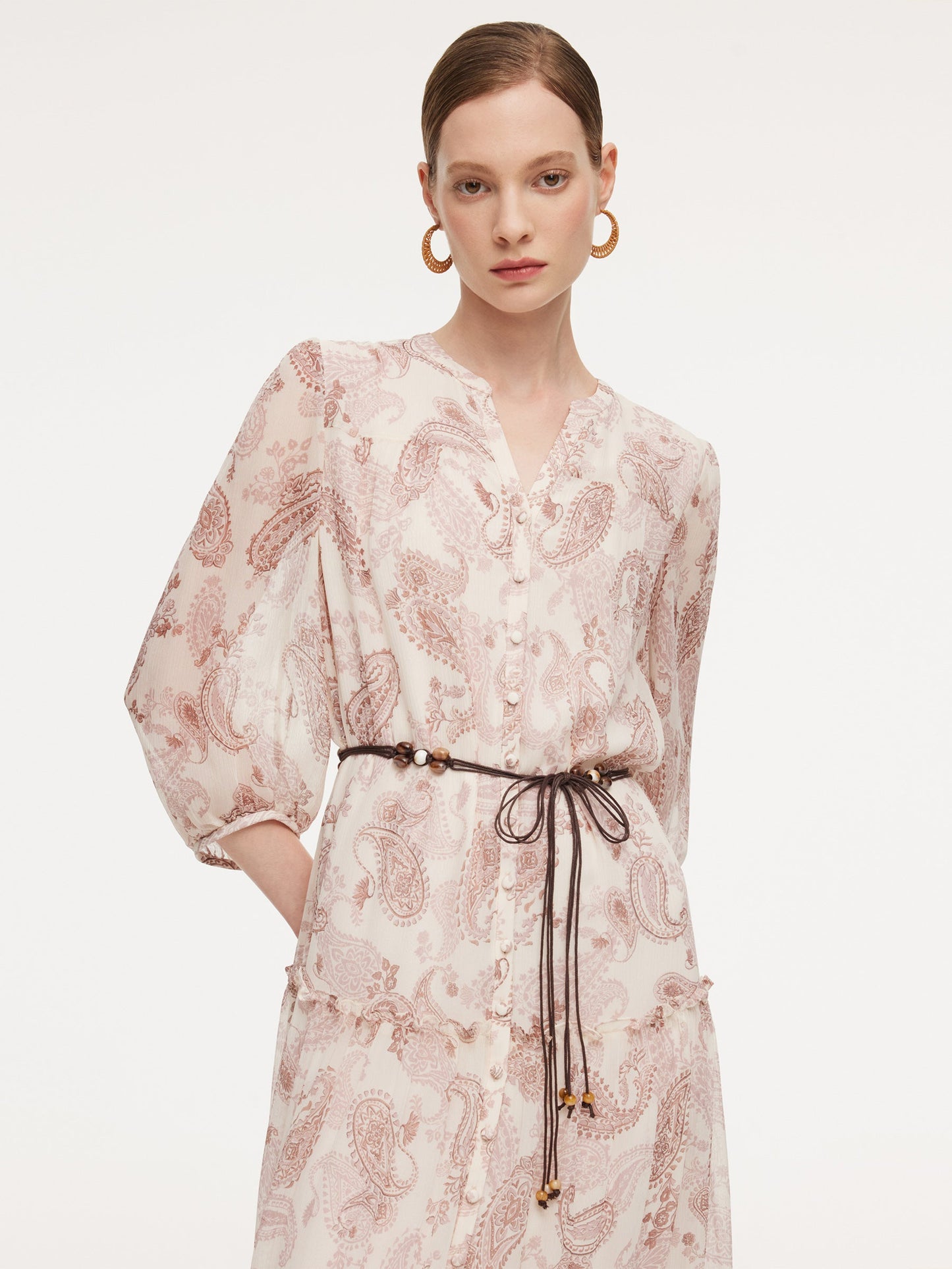 10MM Mulberry Silk Paisley Print Women Maxi Dress With Two Self-Tie Belts
