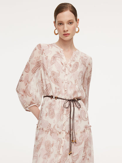 10MM Mulberry Silk Paisley Print Women Maxi Dress With Two Self-Tie Belts