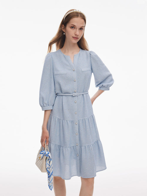 Acetate Blend Tweed Sequins Women Midi Dress With Belt