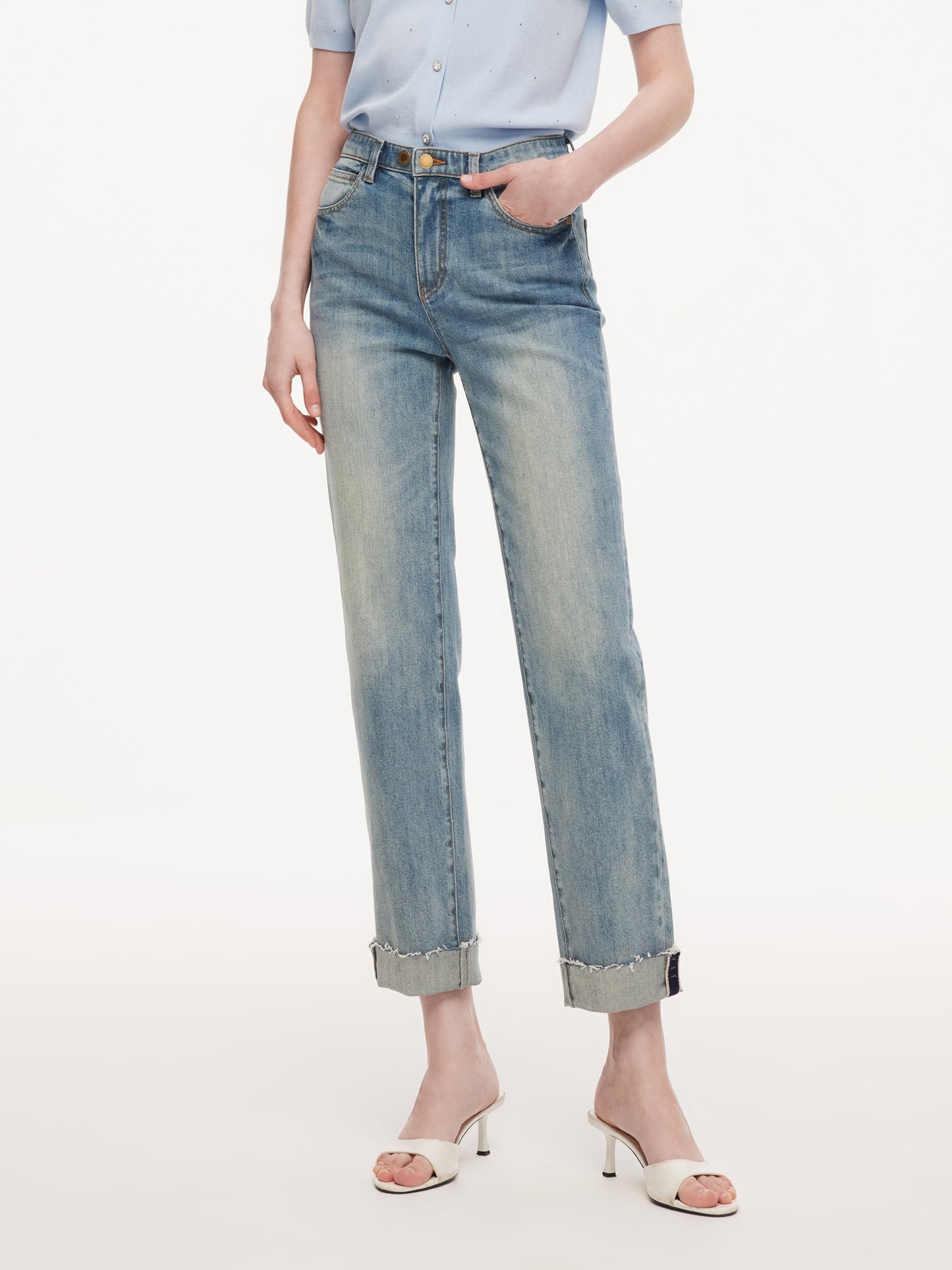 Cotton Denim Adjustable Waist Women Straight Leg Folded Jeans
