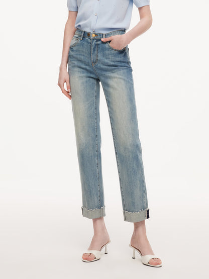 Cotton Denim Adjustable Waist Women Straight Leg Folded Jeans