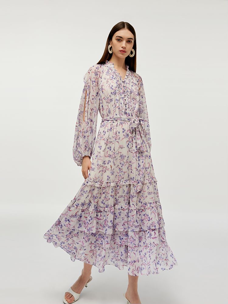 Floral Print Tiered Women Maxi Dress With Belt