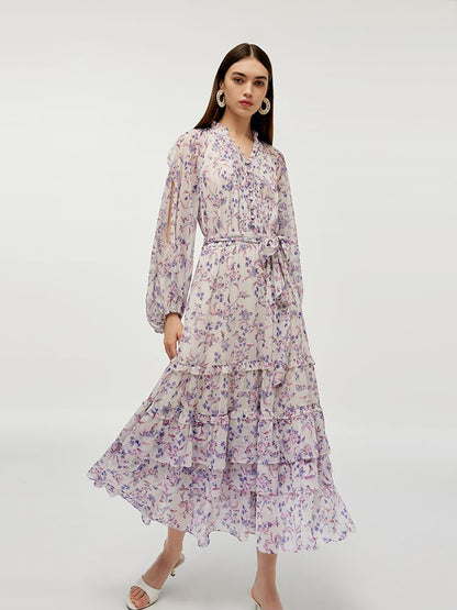 Floral Print Tiered Women Maxi Dress With Belt