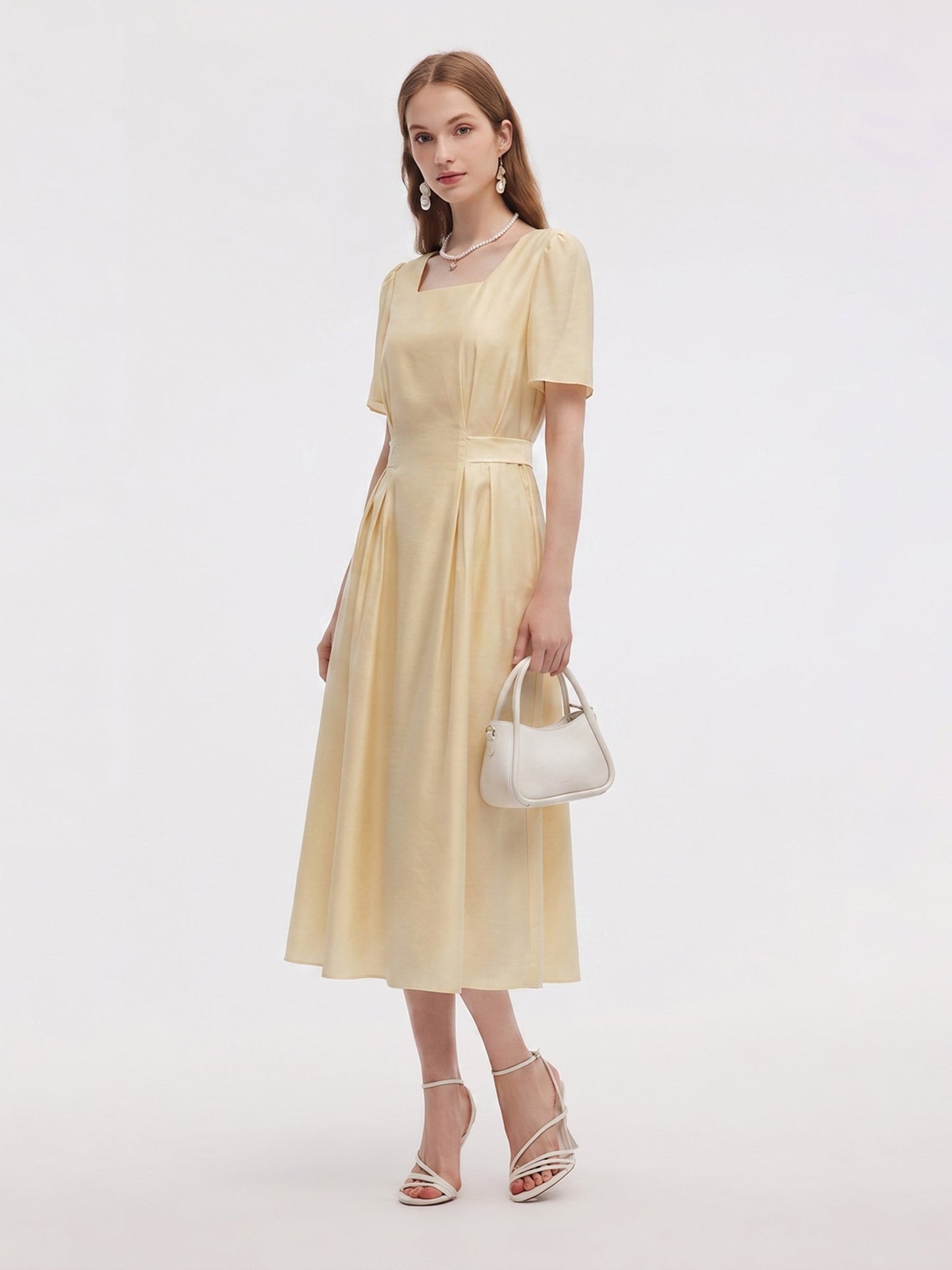 Pre-Order Tencel Blend Square Neck Women Gather-Waisted Maxi Dress