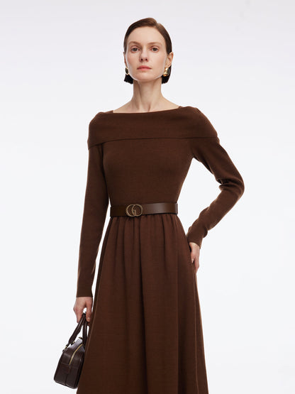 Tencel Wool Blend Boat Neck Women Knit Maxi Dress With Leather Belt