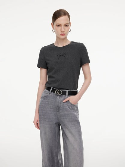 Bowknot Print Gathered Waist Women T-Shirt