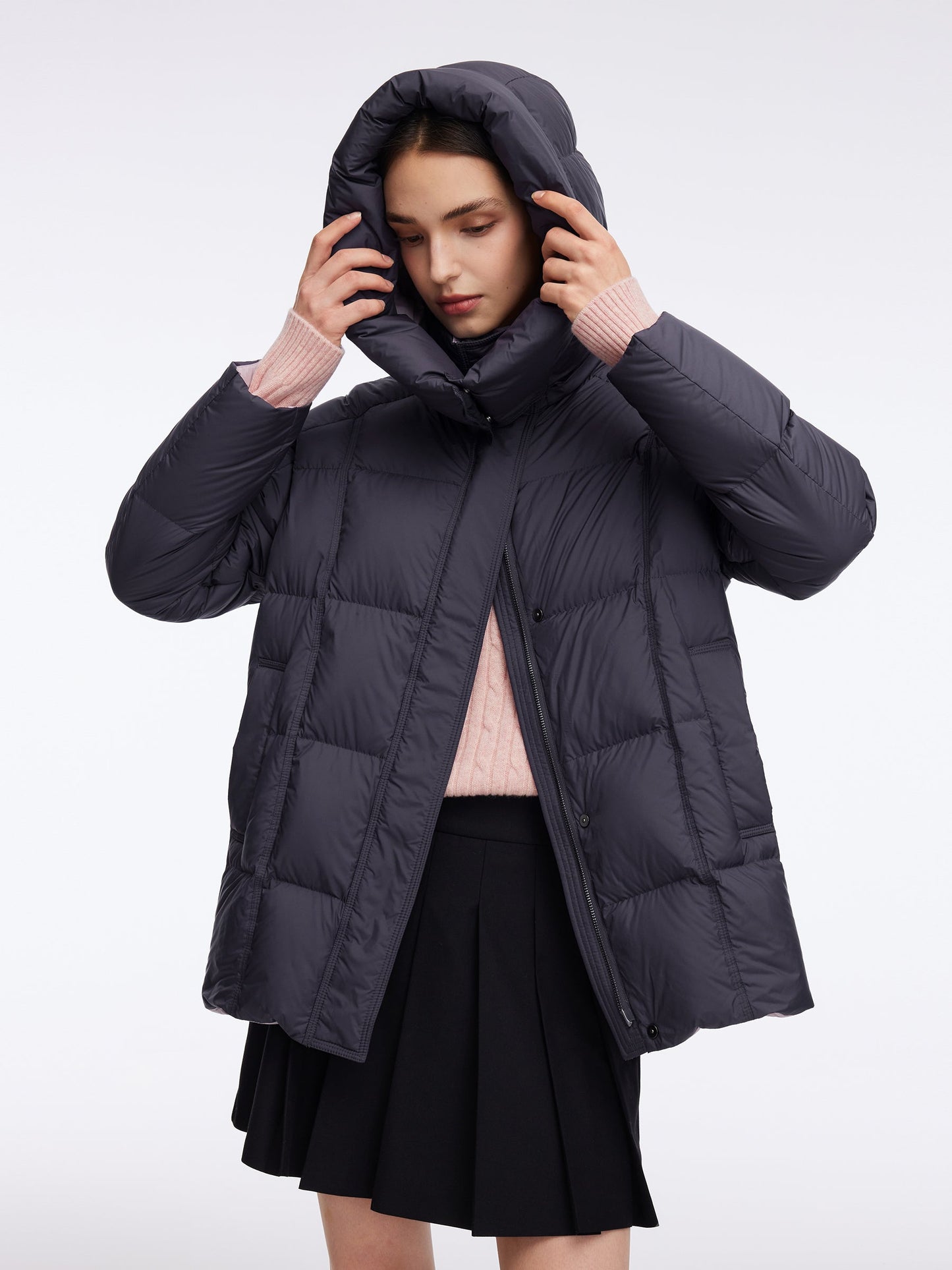 Color Block Goose Down Jacket With Detachable Hood
