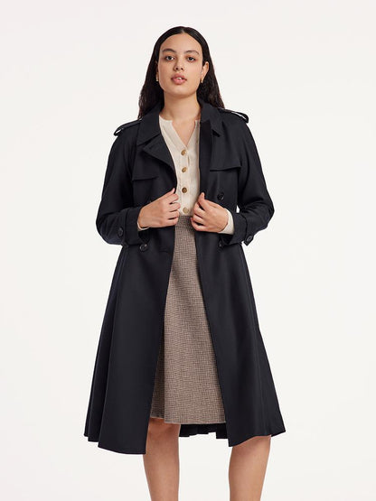 Worsted Woolen Gathered Waist Women Trench Coat