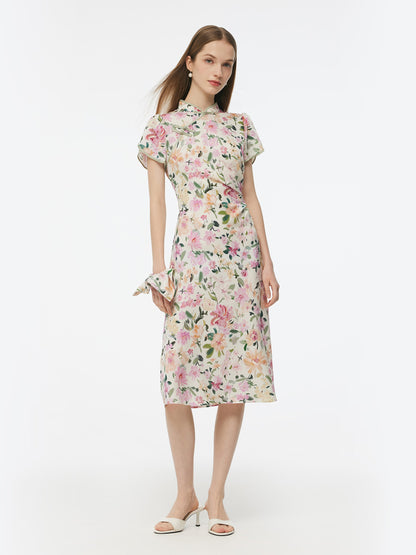 19MM Mulberry Silk Floral Print Side Twist Women Qipao Midi Dress
