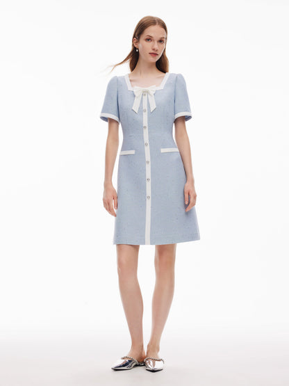 Acetate Blend Sequins Tweed Contrast Trim Women Mini Dress