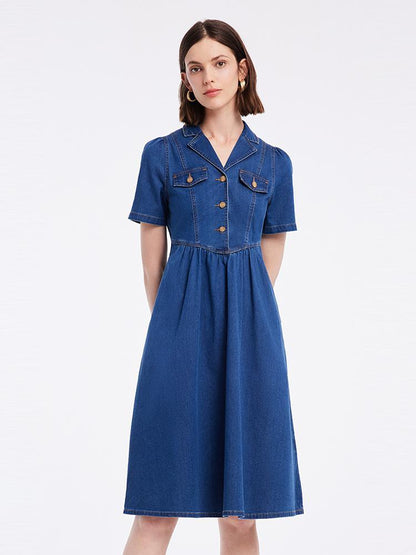 V-neck Gathered Waist Denim Midi Collared Dress