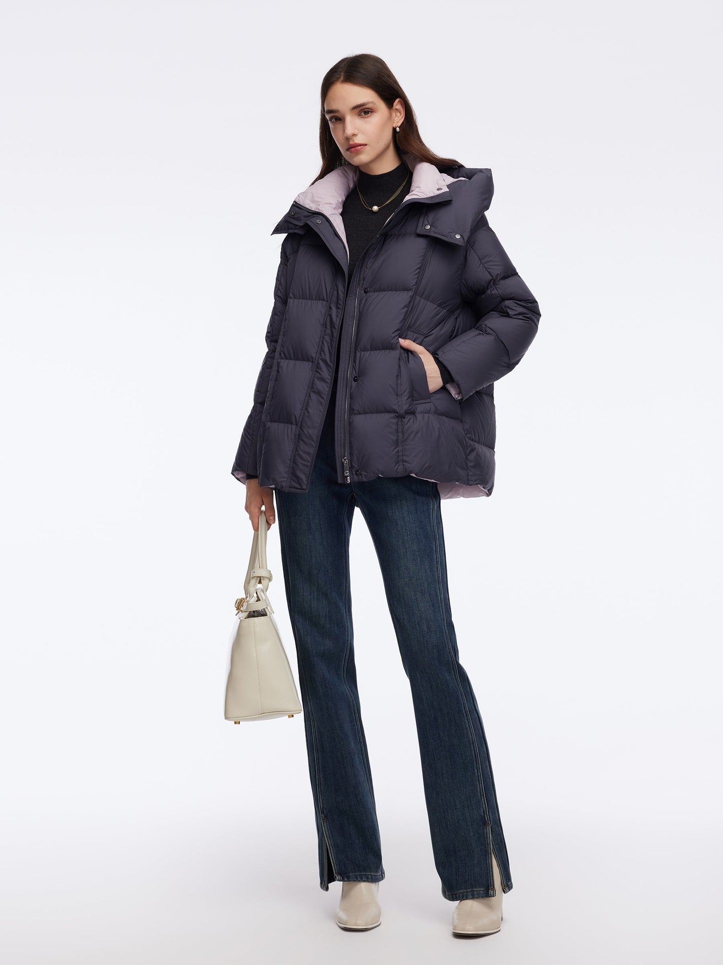 Color Block Goose Down Jacket With Detachable Hood