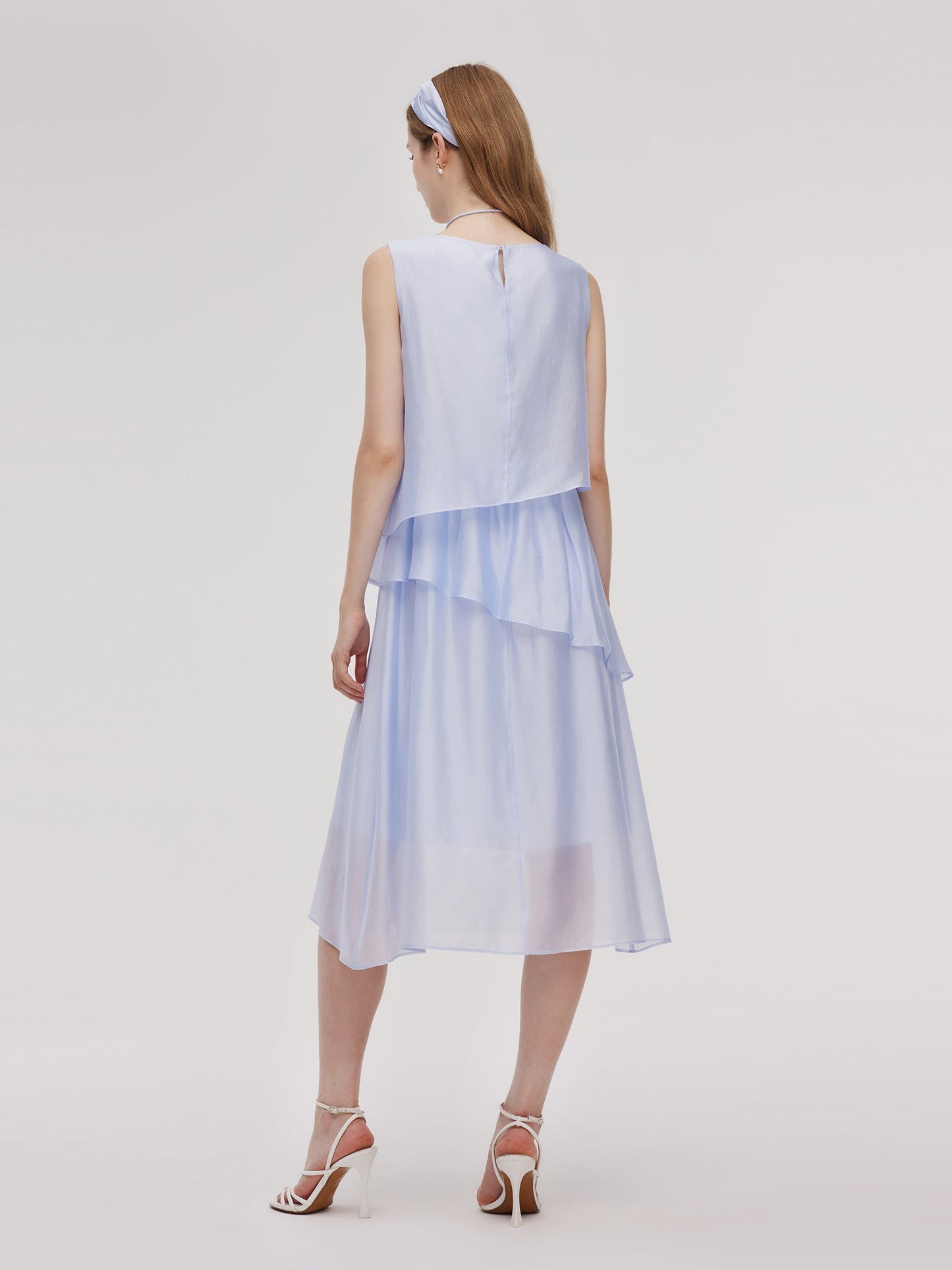 Ruffle Women Tiered Vest Midi Dress With Hairband And Bowknot Choker