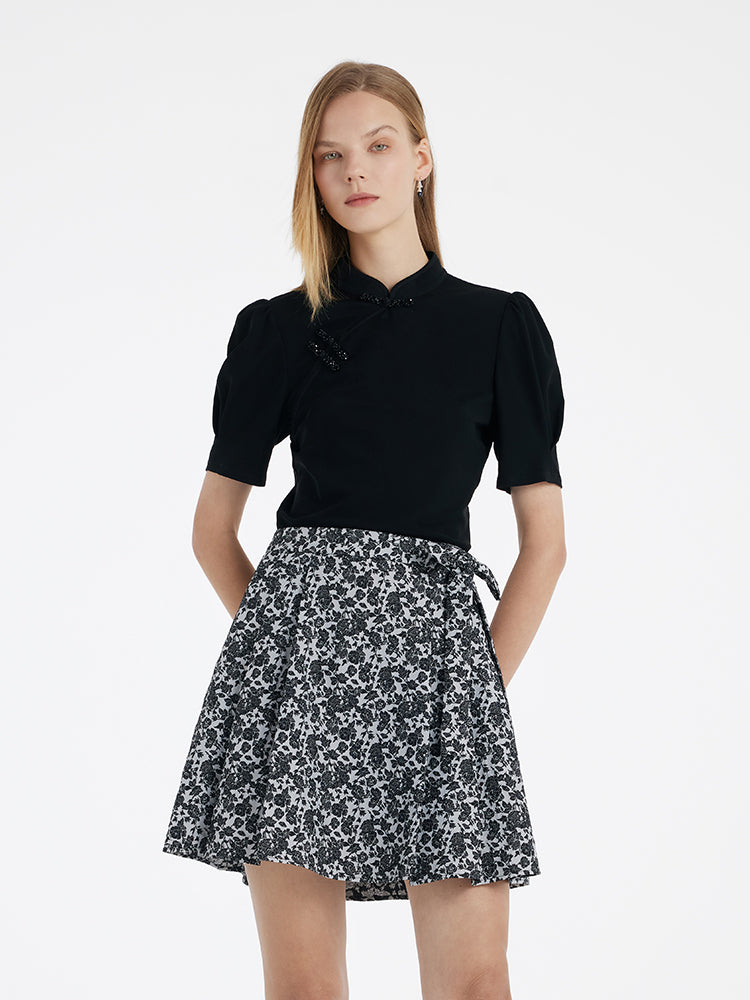 Mandarin Collared Knitted Top And Short Mamianqun Two-Piece Set