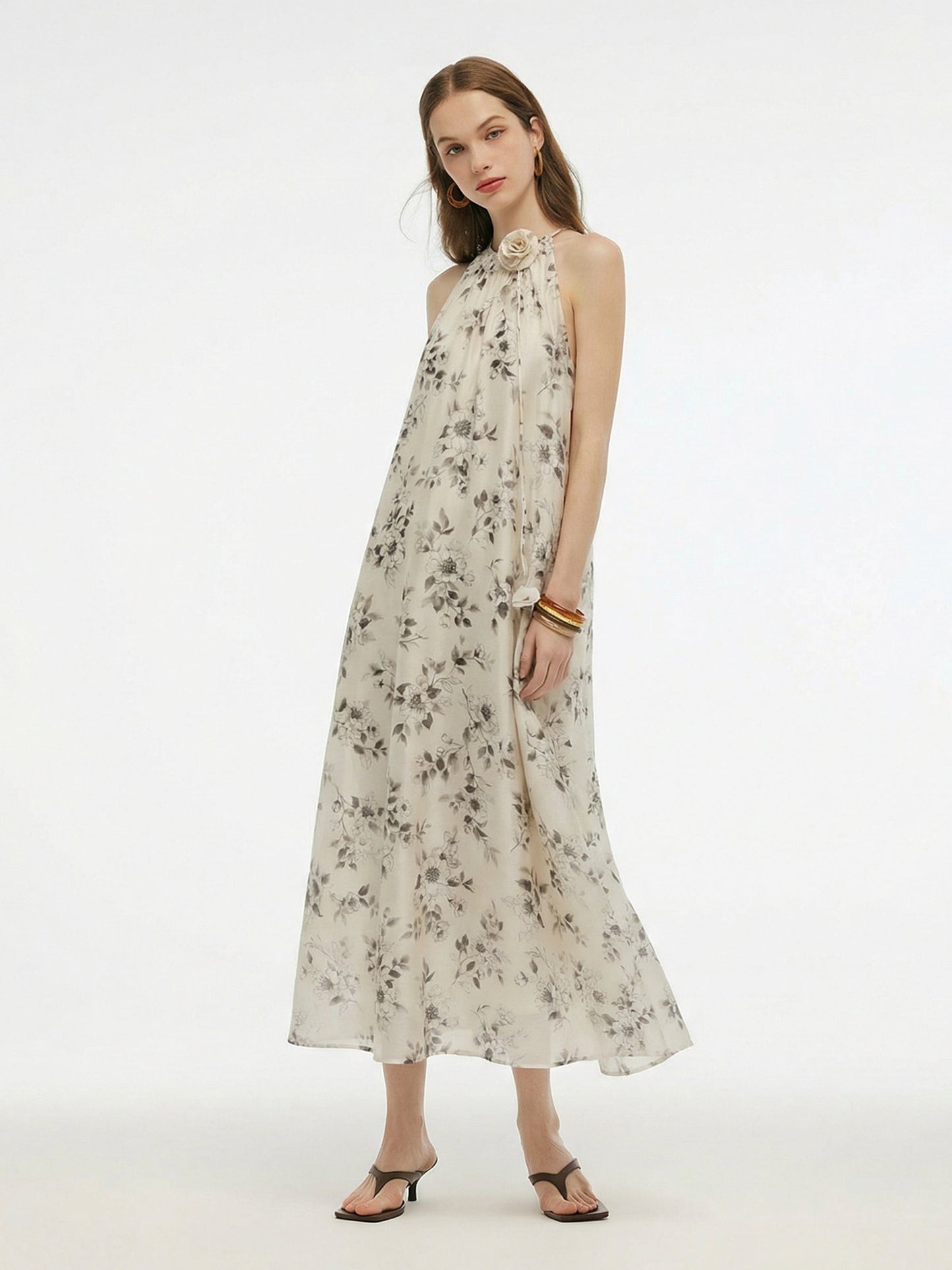 Floral Print Women Halter Maxi Dress With Ribbon