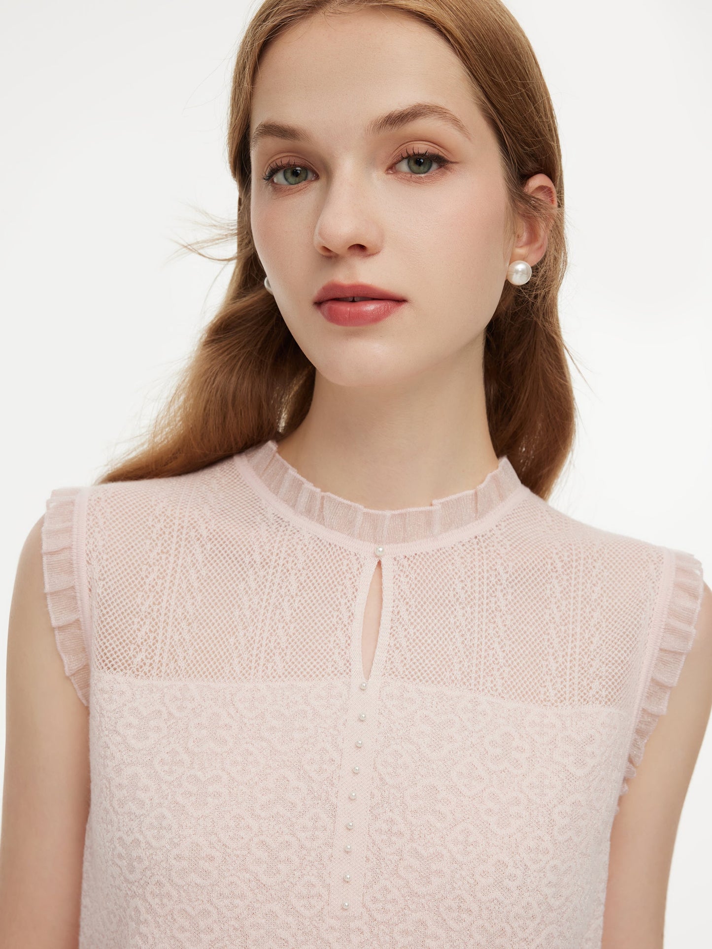 Jacquard Cut Out Neckline Women Ruffle Knit Tank Top