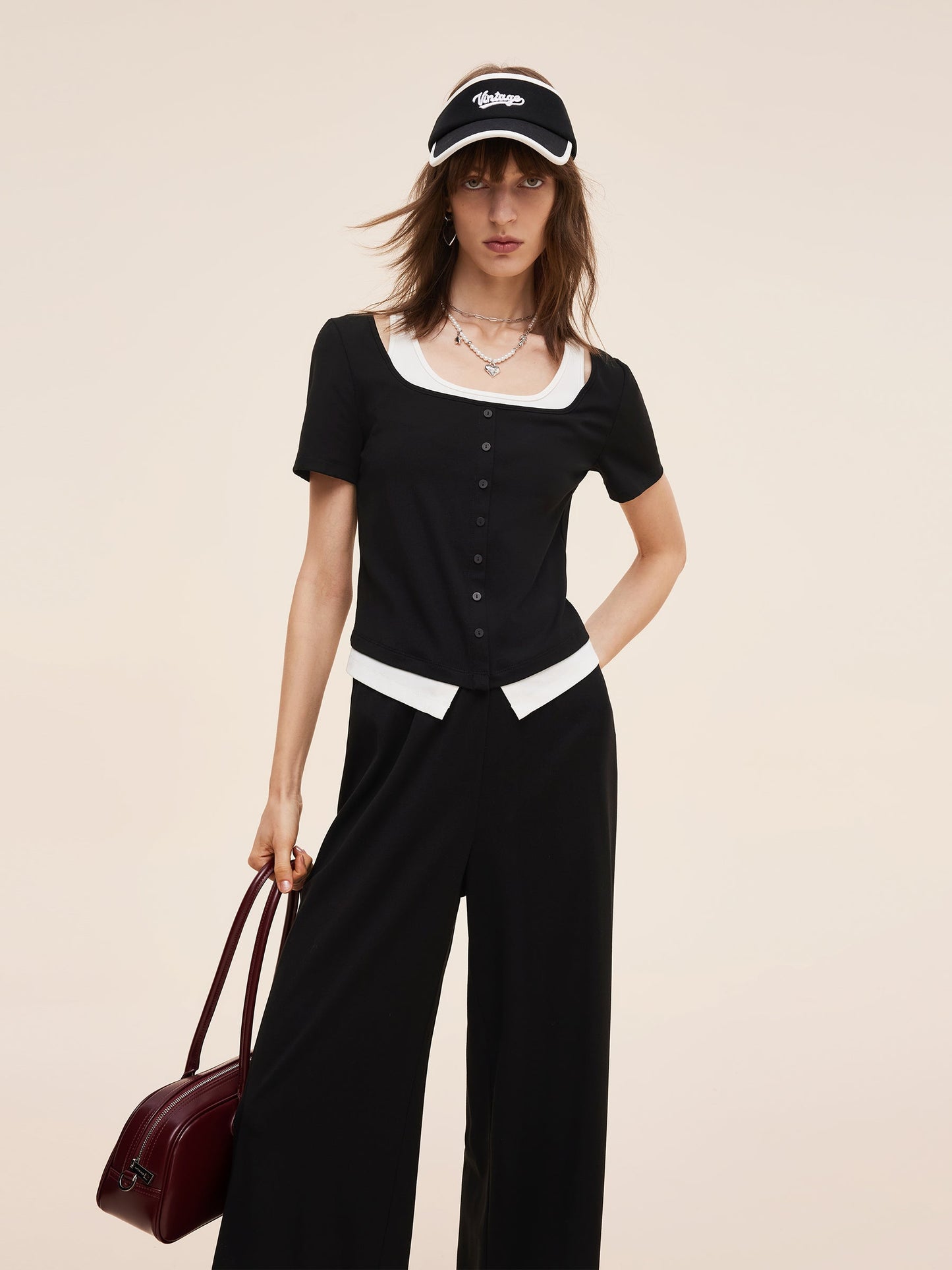 Mock Layered Knit Top And Pants Two-Piece Set