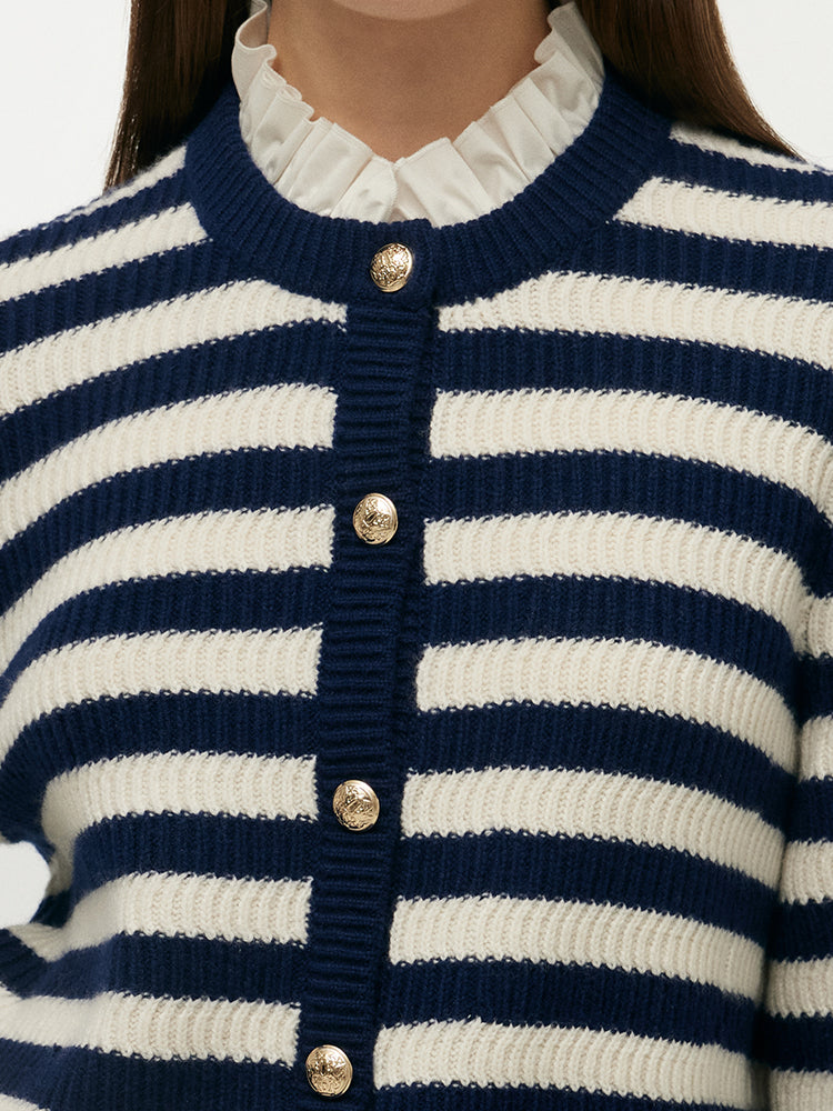 Blue And White Stripe Women Cardigan With Detachable Ruffle Collar