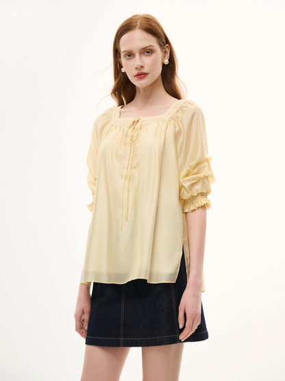 Tencel Blend Embroidered Square Neck Women Blouse
