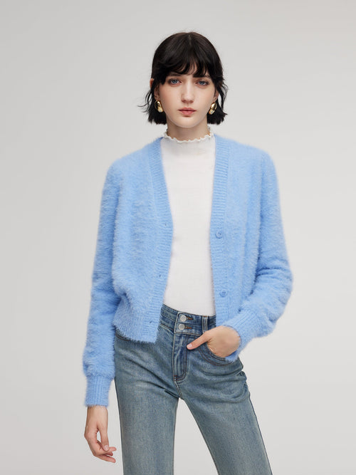 Faux Mink V-Neck Women Cardigan
