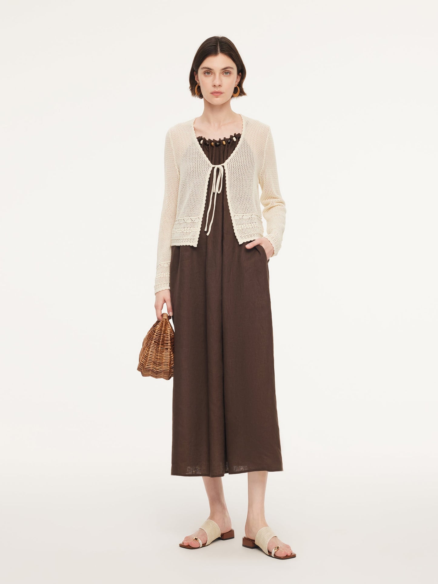 100% Cotton Openwork Tie Front Women Cardigan