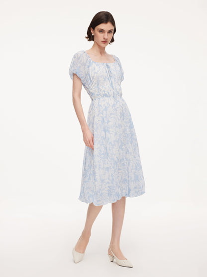 10MM Mulberry Silk Floral Print Women Bubble Hem Midi Dress With Scrunchie