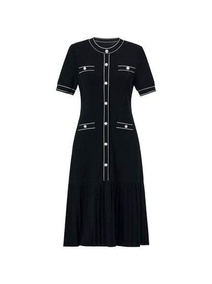 Tencel Blend Contrast Trim Women Pleated Hem Knit Mini Dress