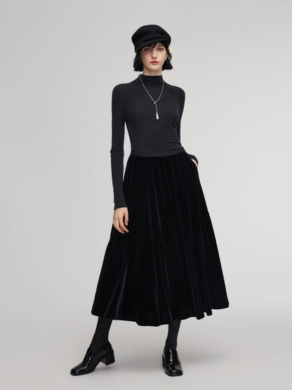 Black Velvet A-Line Elastic Waist Women Skirt