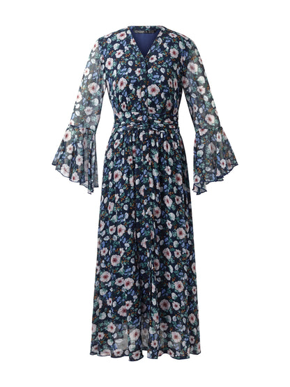 10MM Mulberry Silk Floral Print Women V-Neck Maxi Dress
