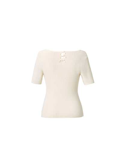 Lyocell Blend Bowknot Embroidered Women Square Neck Knit Top