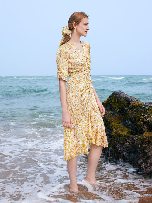 Pleated Fishtail Floral Midi Printed Dress
